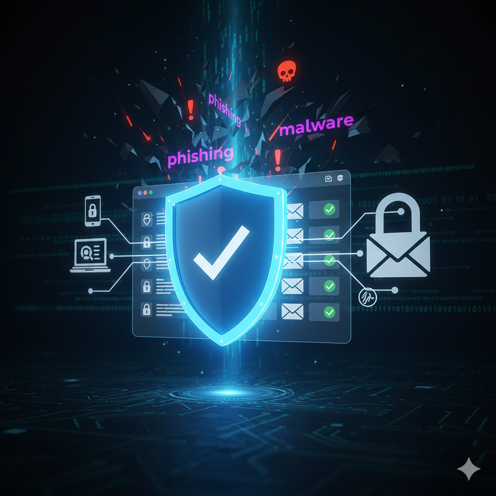 Kobieta pracująca na laptopie weryfikuje jak bezpiecznie korzystać z poczty e-mail. Ilustracja bezpieczeństwa poczty elektronicznej